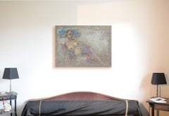 "Cécile", Mujer gordita desnuda recostada sobre el codo con flores Pintura en técnica mixta