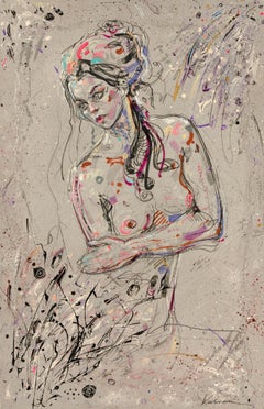 « Angry Flicia », peinture de technique mixte représentant une femme aux bras croisés et à la cuisse nue