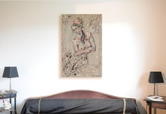 "Angry Félicia", Bare Chested Topless Woman Crossing Arms Mixed Media Painting
