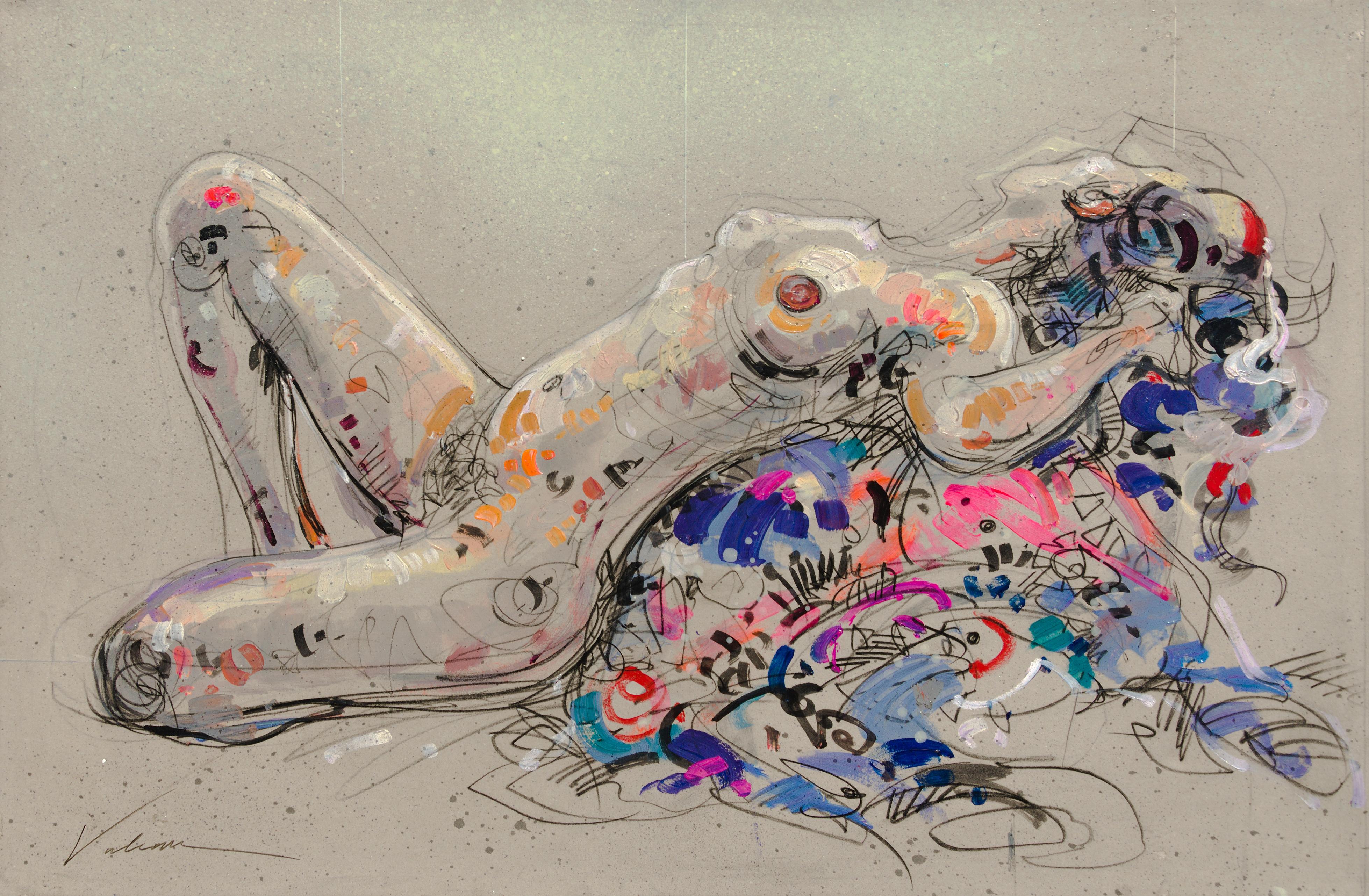 ""Flowery Offering", Peinture de femme nue allongée dans un nu aux techniques mixtes colorées