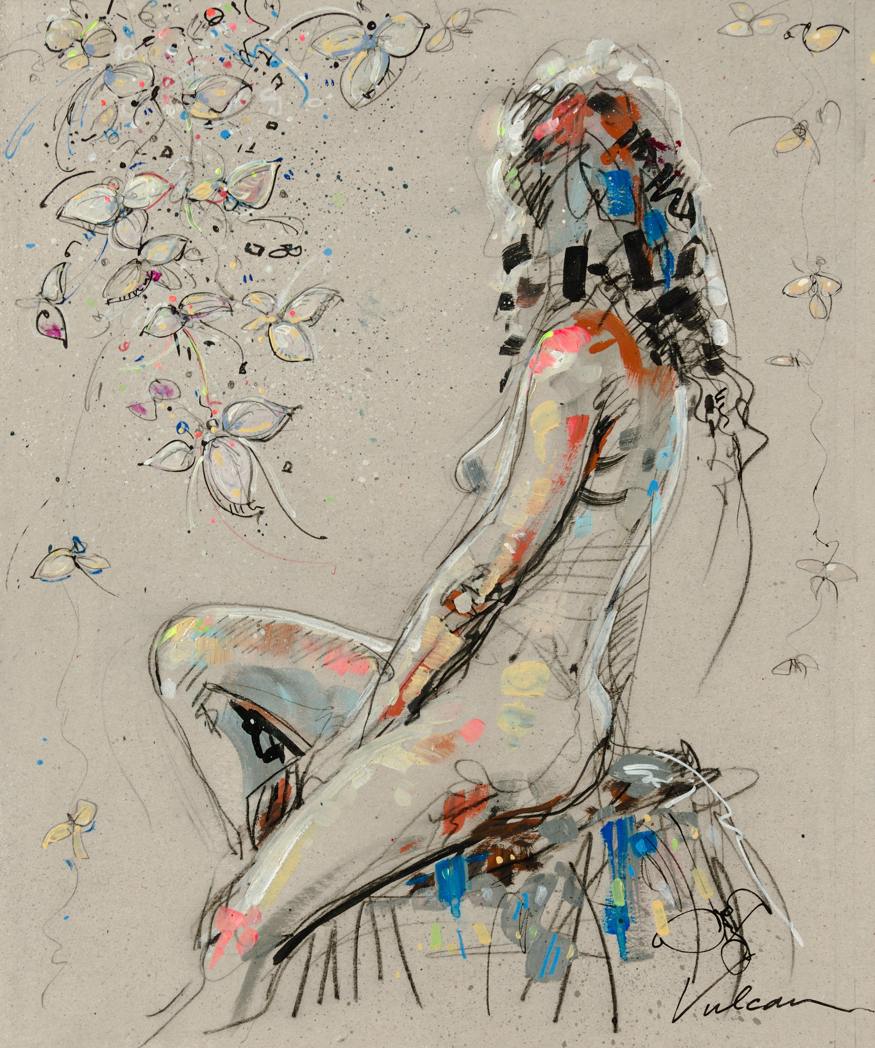 "Inès", Back View of Seated Nude Woman with Flowered Branch Mixed Media Painting