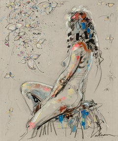 "Inès", vista posteriore di donna nuda seduta con ramo fiorito Pittura a tecnica mista