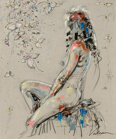 "Inès", vue de dos d'une femme nue assise avec une branche fleurie Peinture en techniques mixtes