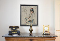 "Inès", Back View of Seated Nude Woman with Flowered Branch Mixed Media Painting