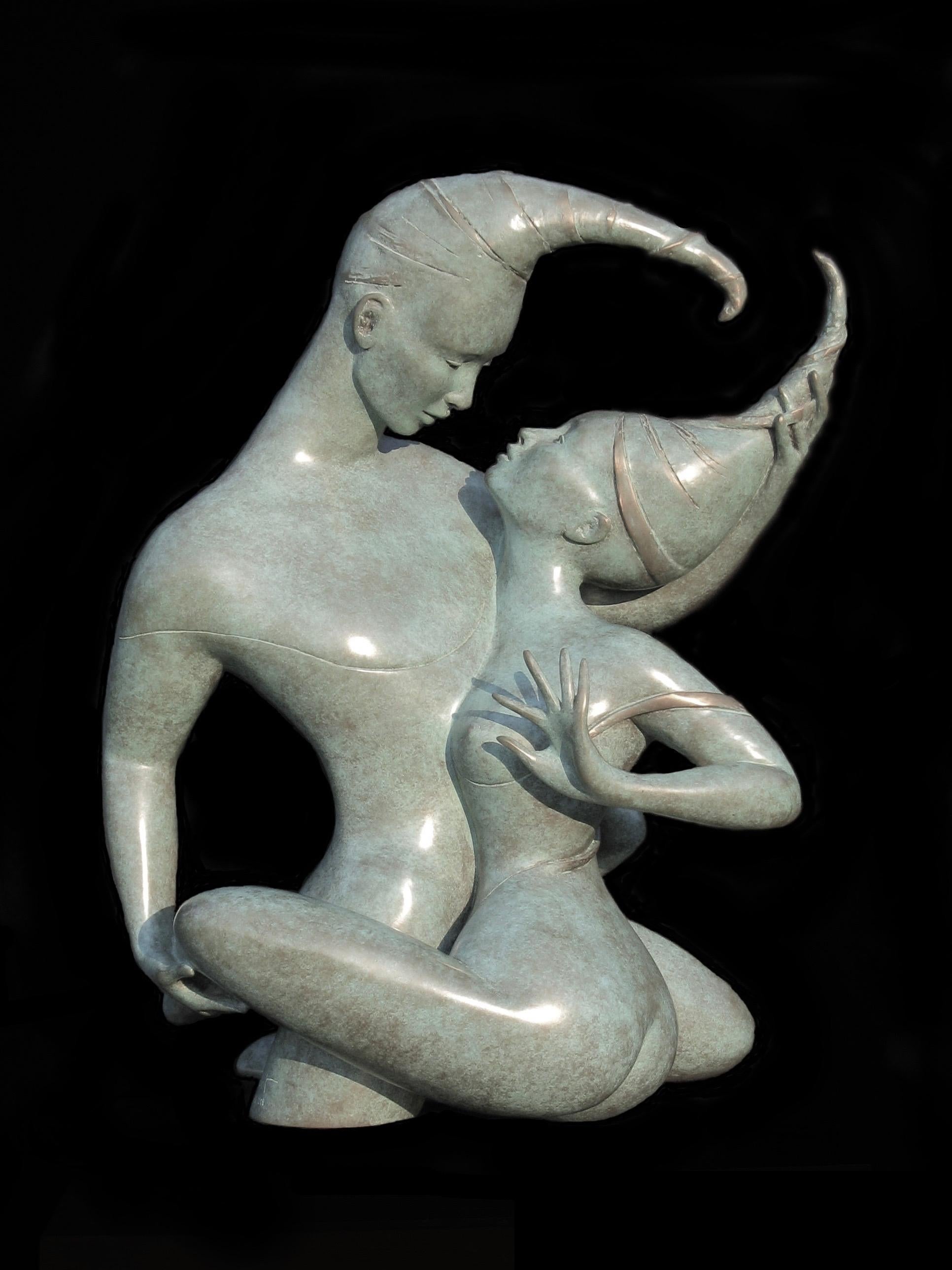 "Tsade Sacred Fusion", Embracing Nude Couple with Pointy Turban Bronze Sculpture