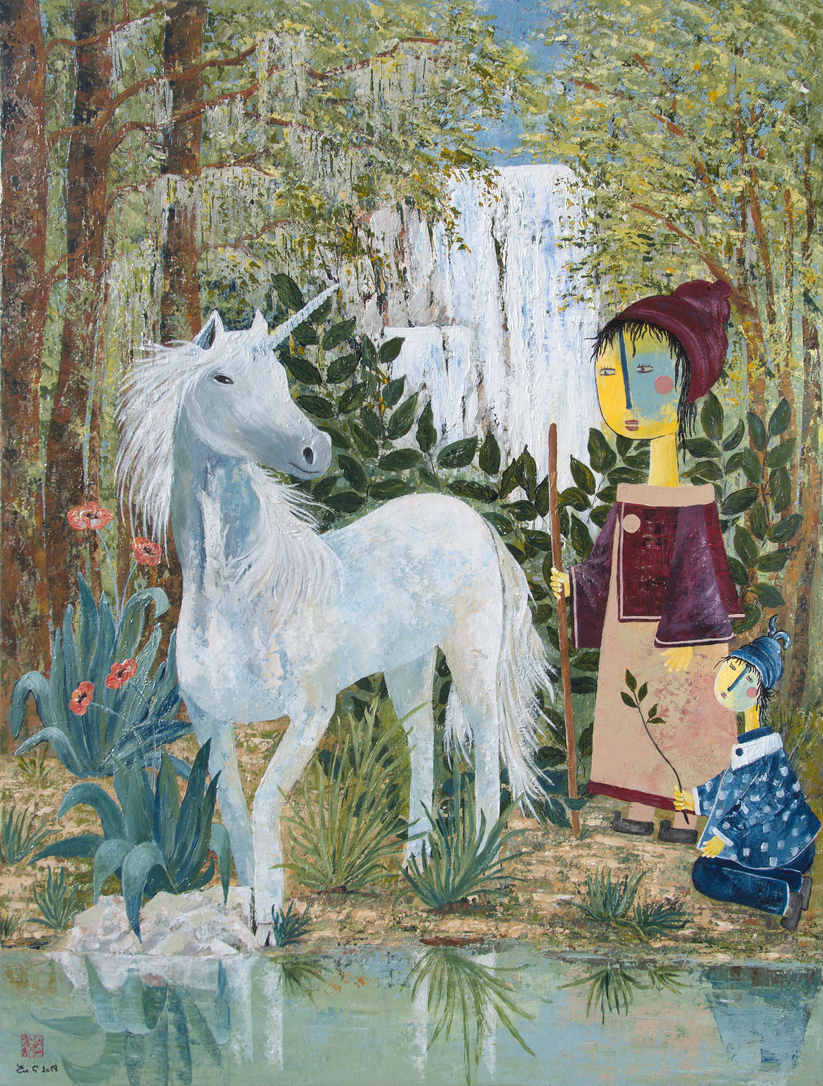 Eve Grenet Figurative Painting - "The Unicorn",  Figurative Landscape with Children in a Poetic Manner 