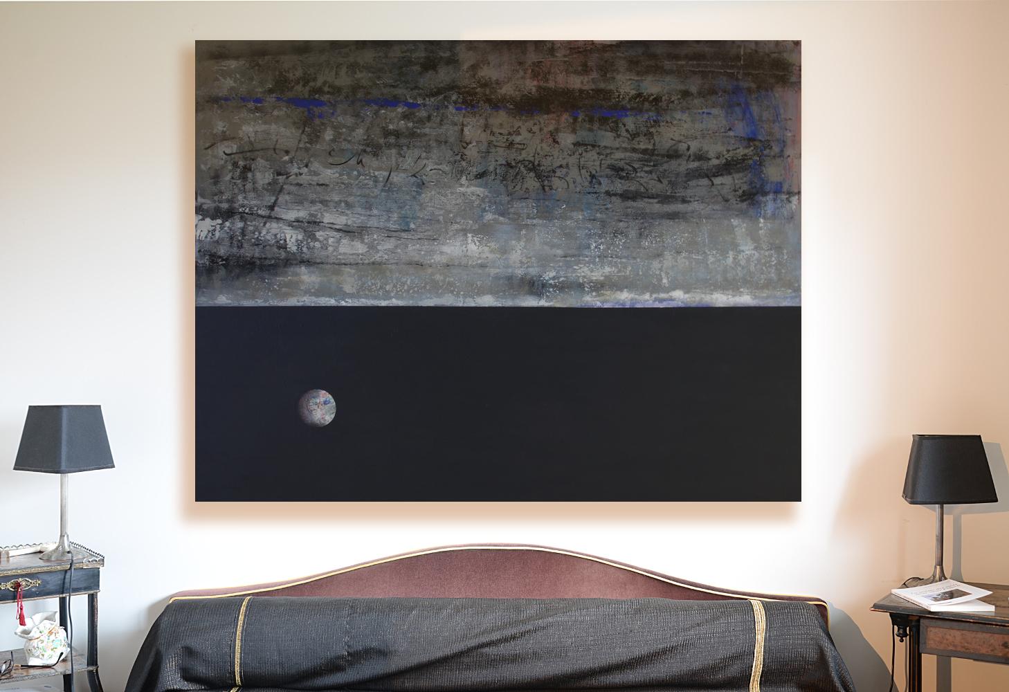 This large painting features a wide horizontal flat black band on top, spotted on the right by a circular luminous grayish collage with hints of red and blue. Below the black 