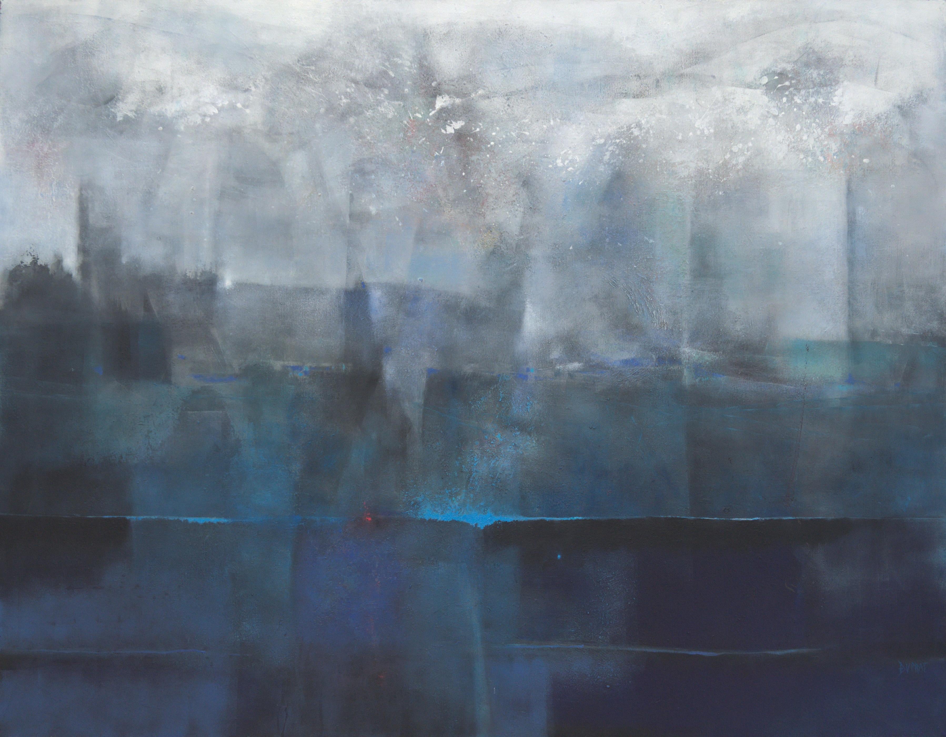 Françoise Duprat Landscape Painting – "Metal Wave", Large Blue and White Abstract Marine Landscape Acrylic Painting
