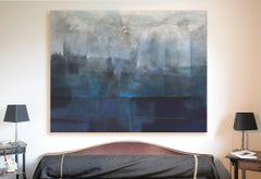 "Metal Wave", Large Blue and White Abstract Marine Landscape Acrylic Painting
