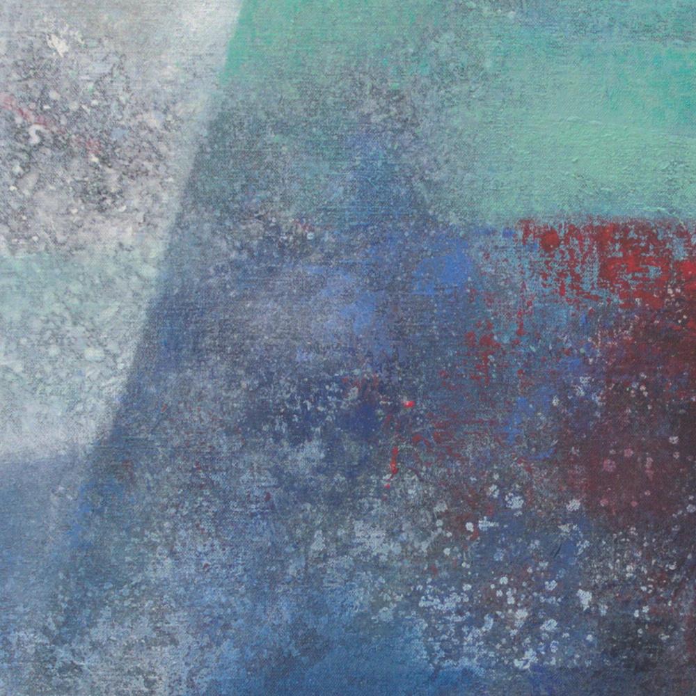 Peinture technique mixte abstraite géométrique texturée et colorée « Between Walls » - Bleu Landscape Painting par Françoise Duprat