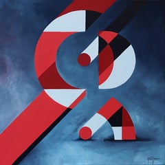 "Reflexions 3", Red, White and Blue-Gray Geometrical Abstract Acrylic Painting