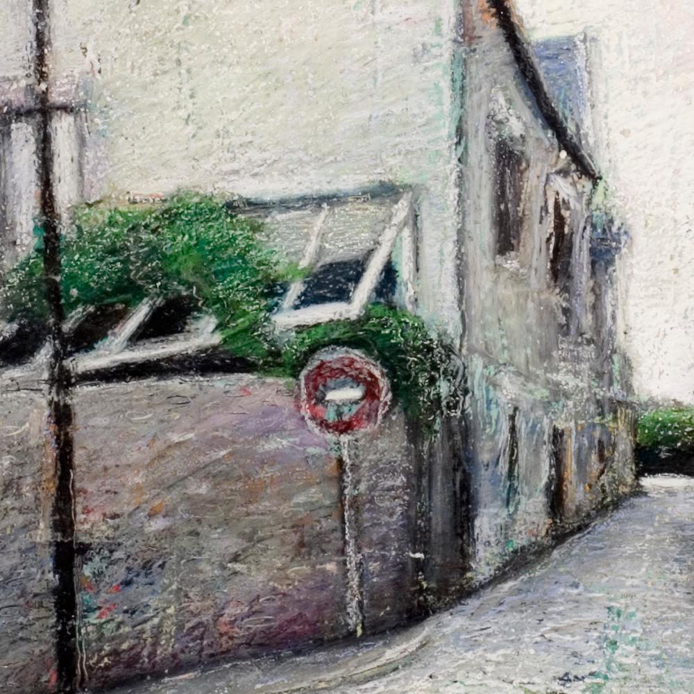 Eckhaus mit Wand- und Veranda, Lampenständer, Wrong-Way-Schild und Uphill Street (Impressionismus), Painting, von Marc Chaubaron