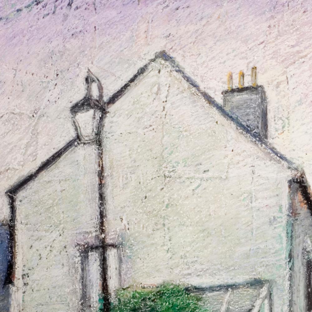 Corner House with Wall and Veranda, Lamp Post, Wrong-Way Sign and Uphill Street - Impressionist Painting by Marc Chaubaron