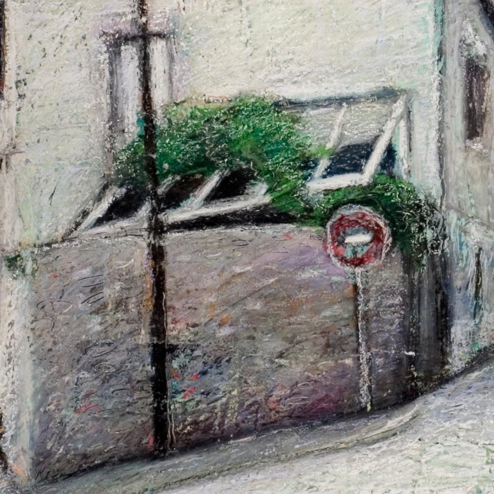 Corner House with Wall and Veranda, Lamp Post, Wrong-Way Sign and Uphill Street - Gray Landscape Painting by Marc Chaubaron