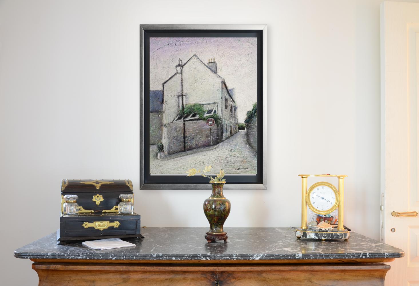 Eckhaus mit Wand- und Veranda, Lampenständer, Wrong-Way-Schild und Uphill Street – Painting von Marc Chaubaron
