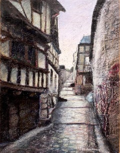 Uphill Cobbled Stoned Street with Half-Timbered House Oil Pastel