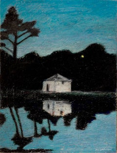 Small Lone House and Woods Reflecting into Water at Clear Night Oil Pastel