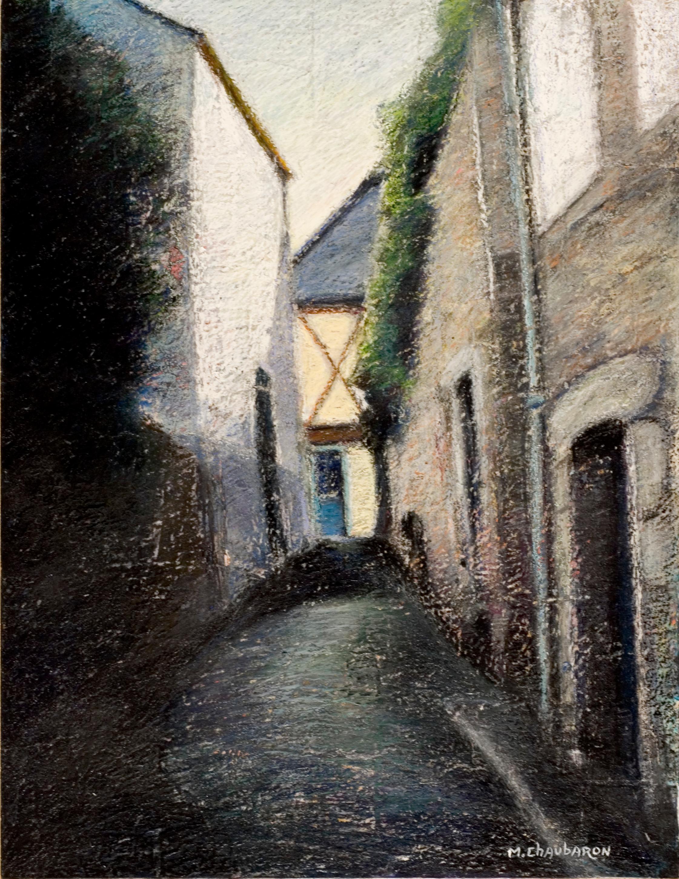 Marc Chaubaron Landscape Painting - Small Uphill Shaded Alley Leading to a Sunlit Half-Timbered House Oil Pastel