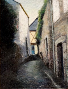 Small Uphill Shaded Alley Leading to a Sunlit Half-Timbered House Oil Pastel