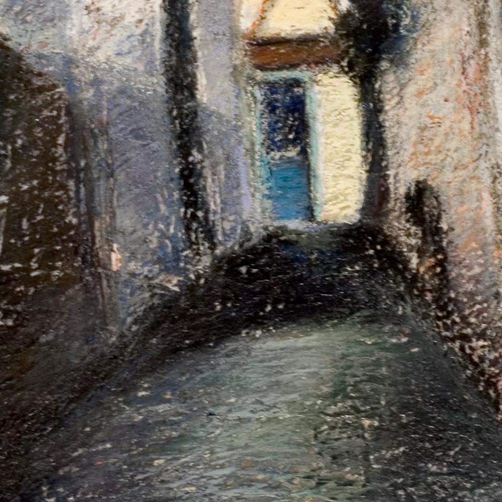 Small Uphill Shaded Alley Leading to a Sunlit Half-Timbered House Oil Pastel 4
