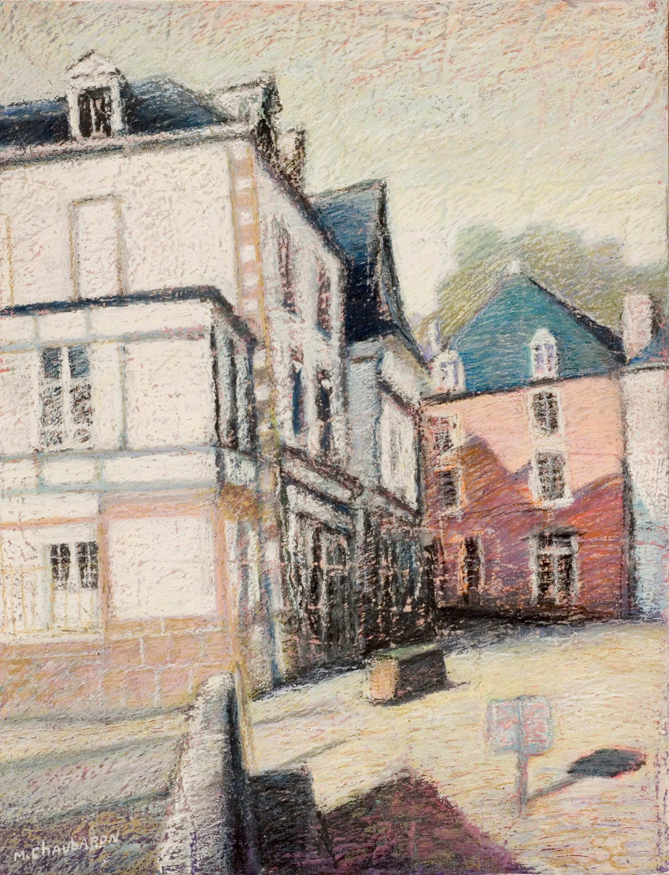 Tall Houses on a Square in Brittany by the End of the Day Oil Pastel