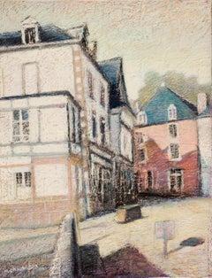 Tall Houses on a Square in Brittany by the End of the Day Oil Pastel