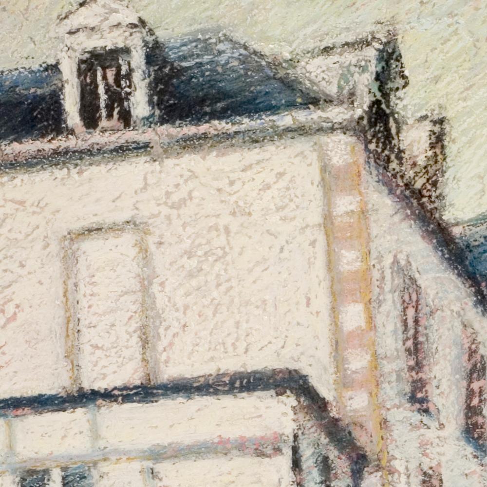 Case alte in una piazza della Bretagna alla fine del giorno Pastello a olio - Landscape Painting Beige di Marc Chaubaron