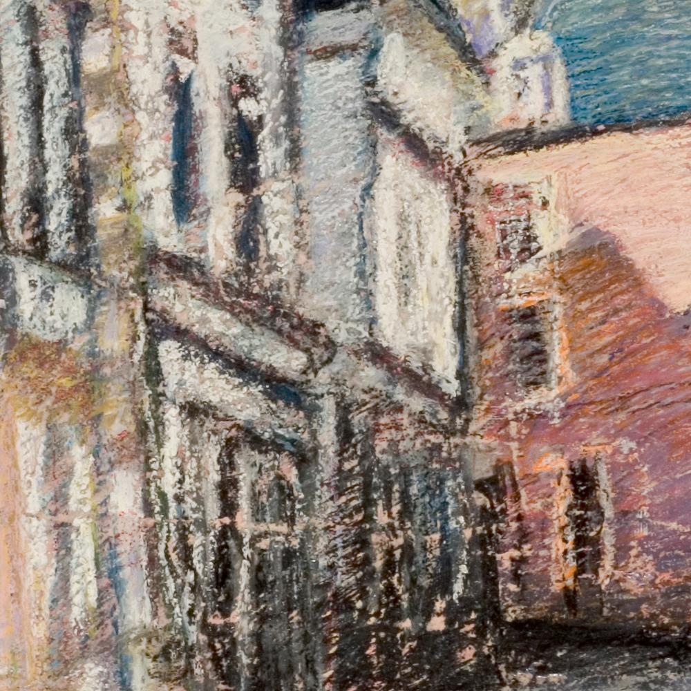 Tall Houses on a Square in Brittany by the End of the Day Oil Pastel - Impressionist Painting by Marc Chaubaron