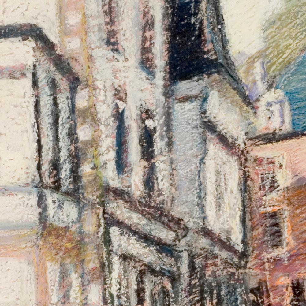 Tall Houses on a Square in Brittany by the End of the Day Oil Pastel For Sale 1