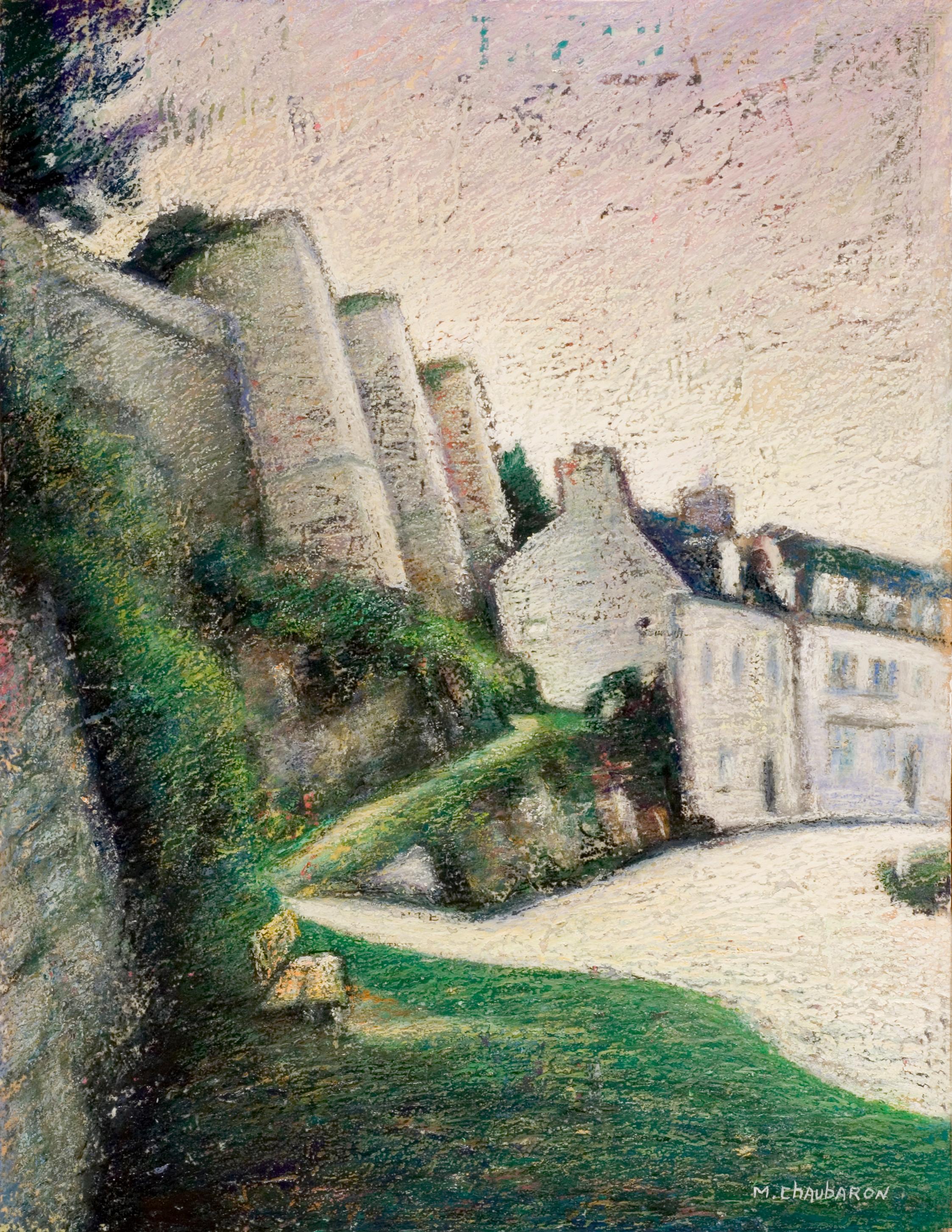 Marc Chaubaron Figurative Painting - View of the "Rampes du Loc'h" on Auray Ramparts at Sunset, Brittany, Oil Pastel
