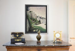 Vue des «mpes du Loc'h » sur les ramparts d'Auray au coucher du soleil, Bretagne, Pastel d'huile