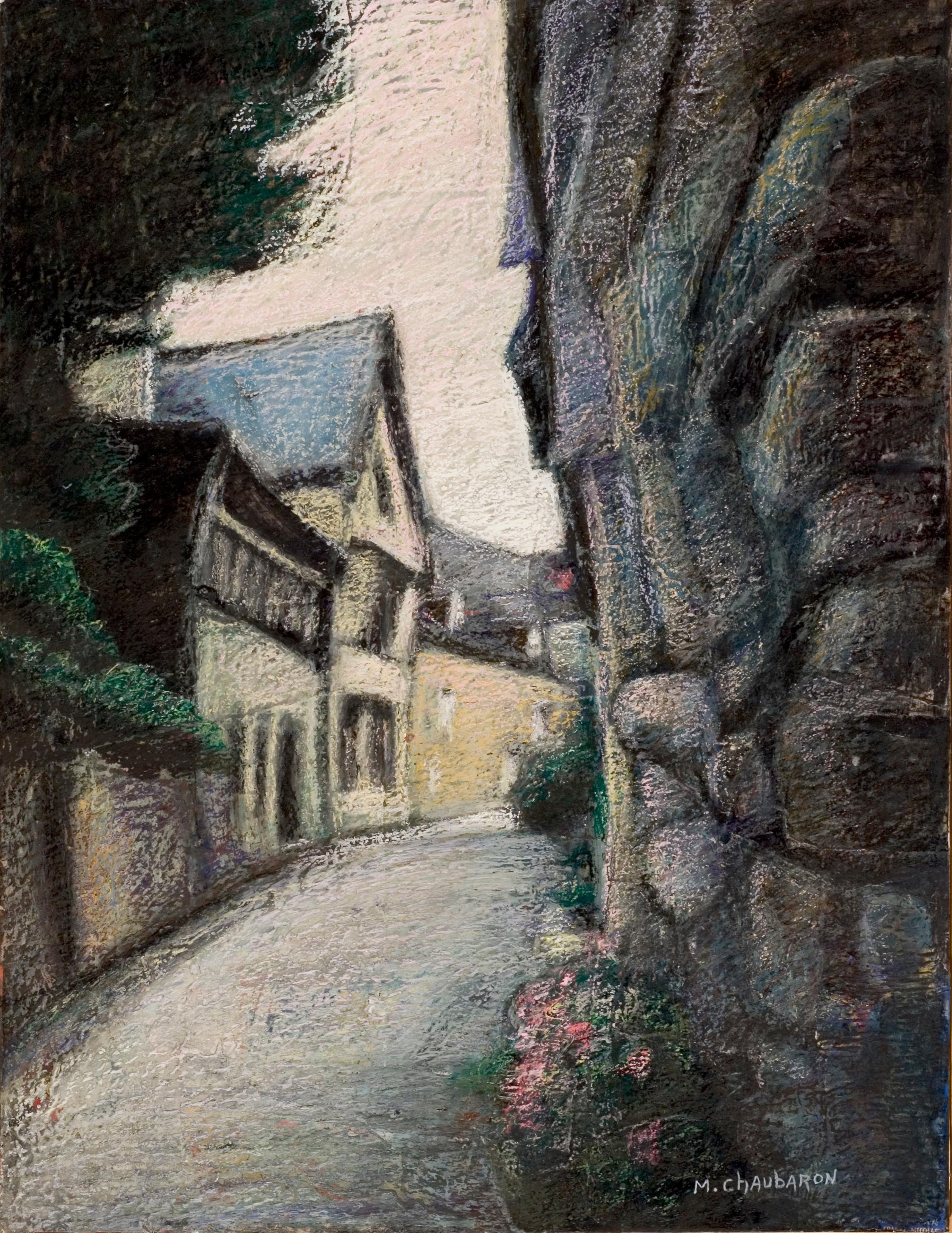 Marc Chaubaron Landscape Painting - Brittany Uphill Street with Half-Timbering Houses at Sunset Oil Pastel