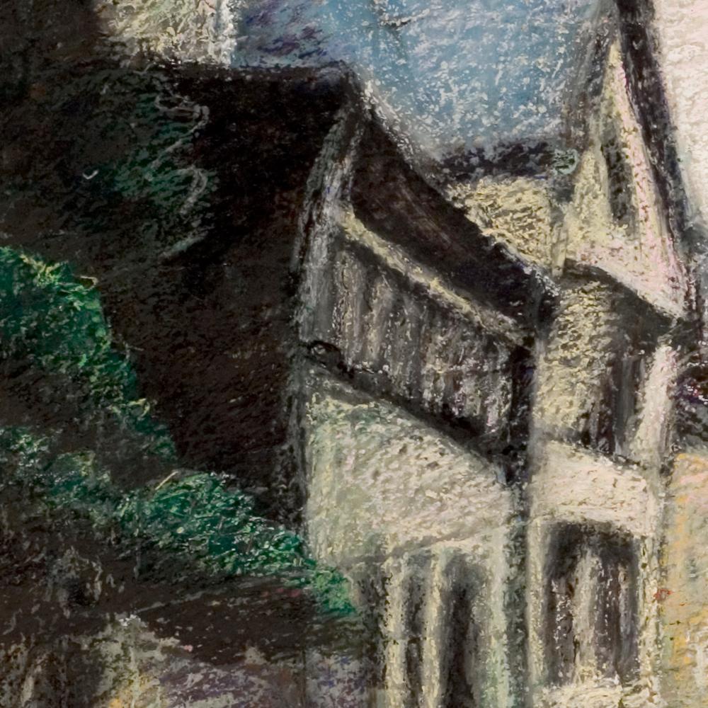 Brittany Uphill Street with Half-Timbering Houses at Sunset Oil Pastel 2