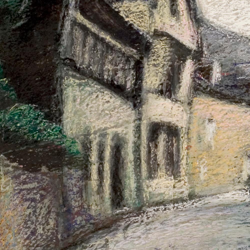 Brittany Uphill Street with Half-Timbering Houses at Sunset Oil Pastel 4