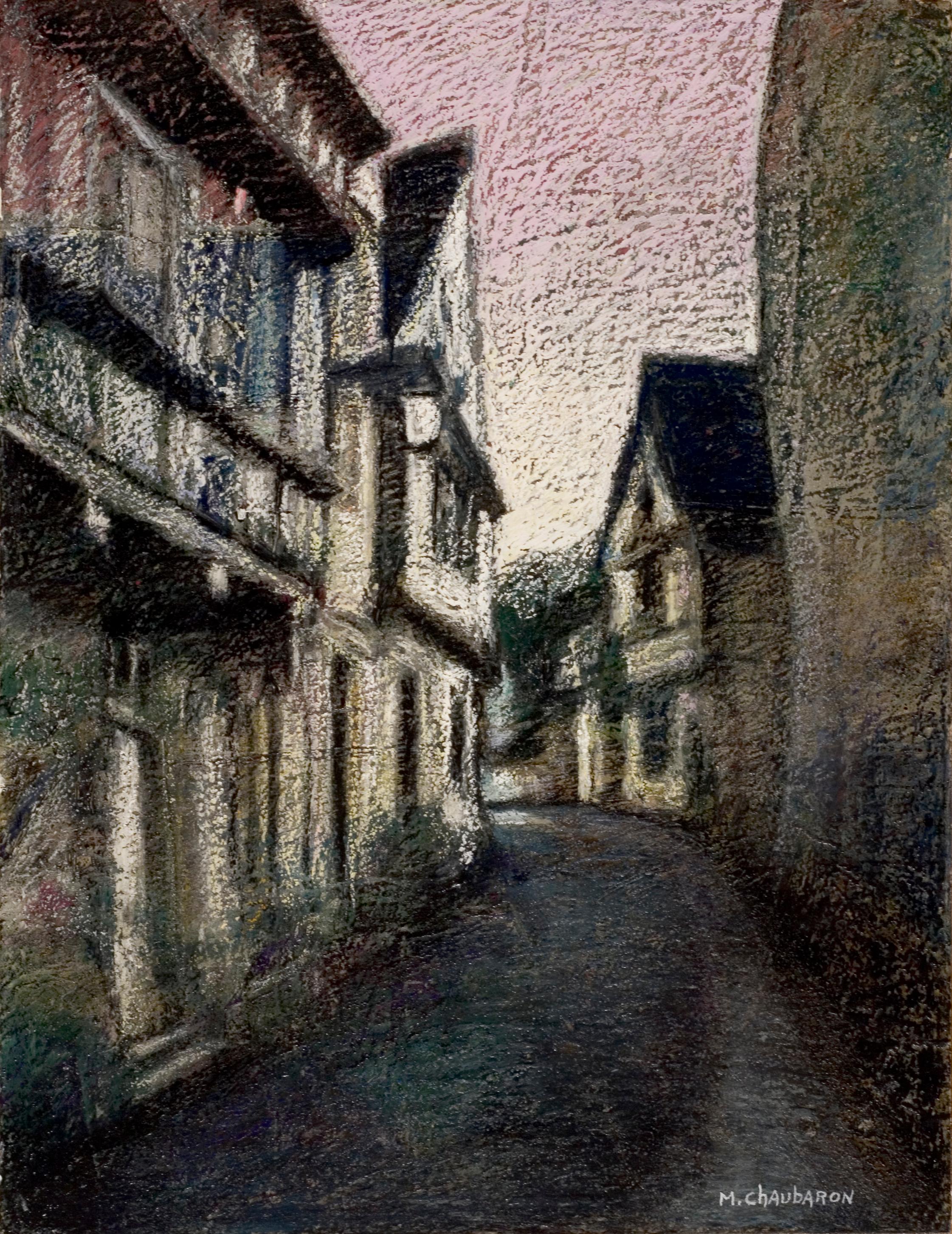 Marc Chaubaron Figurative Painting - Brittany Uphill Street with Half-Timbering Houses at Sunset Oil Pastel