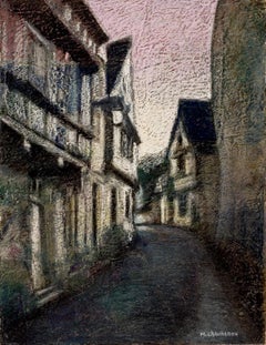 Brittany Uphill Street with Half-Timbering Houses at Sunset Oil Pastel