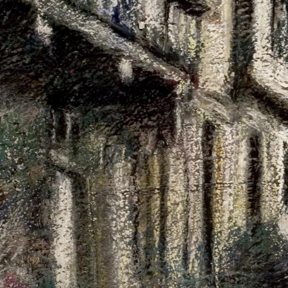 This artwork is part of a series of oil pastels from Marc Chaubaron, who aimed to keep a record of the old Saint-Goustan French port.

It features a view of an uphill street with half-timbering houses, at sunset.

The artist used a homemade mixture