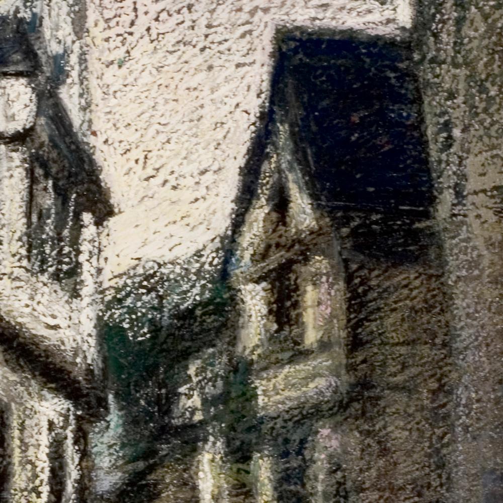 Brittany Uphill Street with Half-Timbering Houses at Sunset Oil Pastel 2