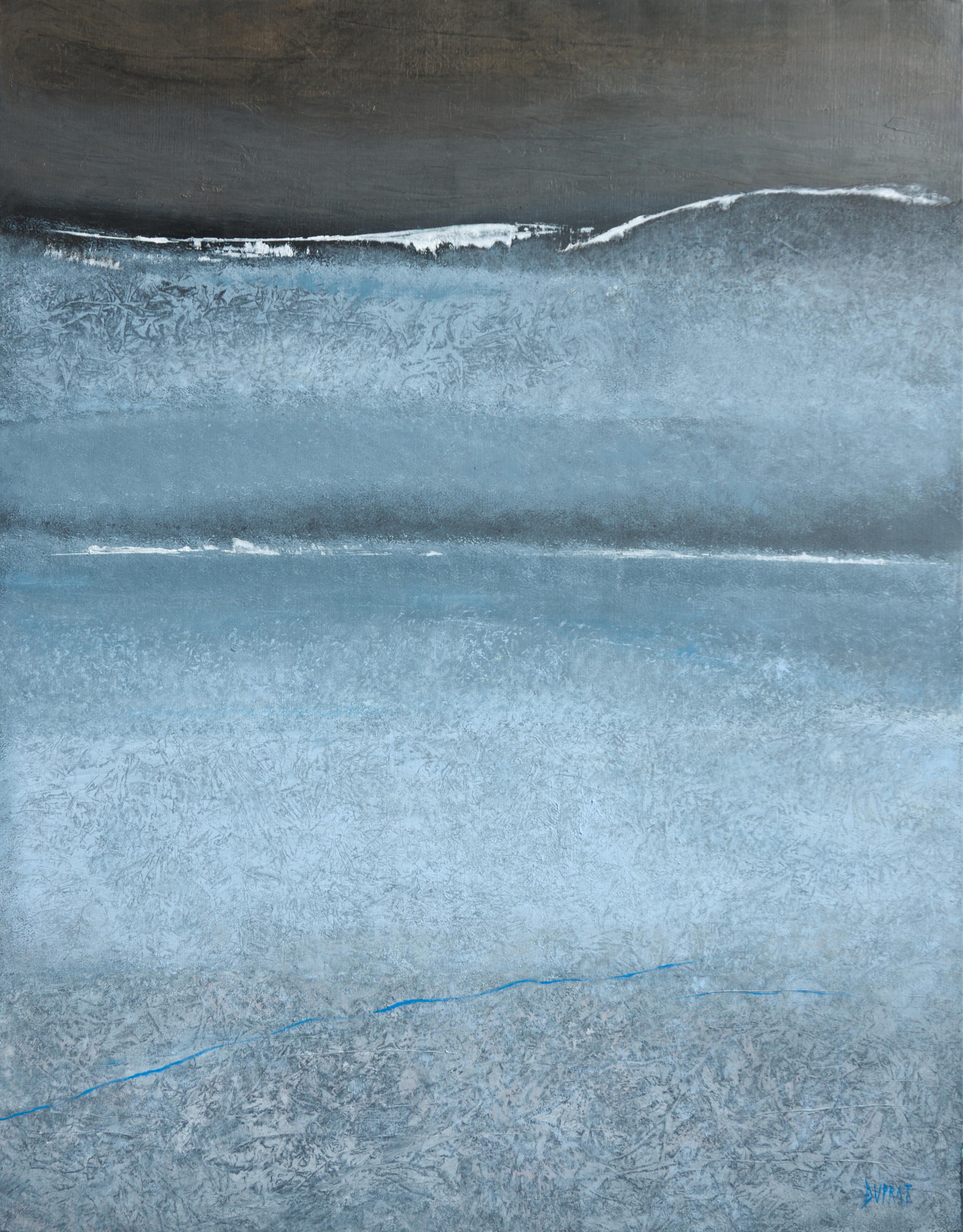 Françoise Duprat Abstract Painting - "The Blue Line", Large Abstract Grayish Blue Wave Textured Acrylic Painting