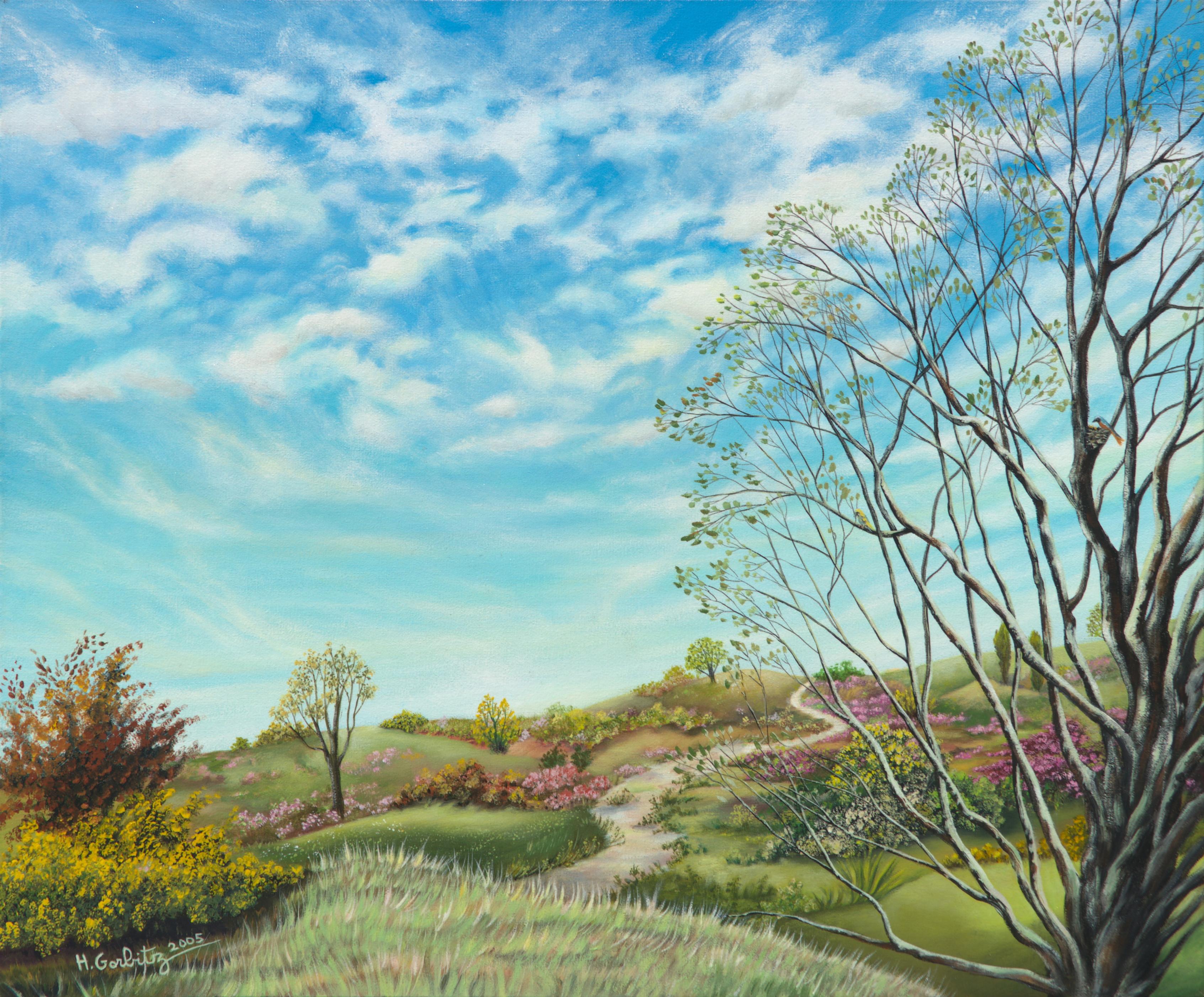 Henriette Gorbitz Landscape Painting - "Nowhere Path", Flowered Landscape with Clouds Naive Primitive Acrylic Painting
