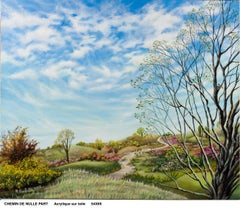 "Il sentiero del nulla", Paesaggio fiorito con nuvole Pittura acrilica primitiva naif