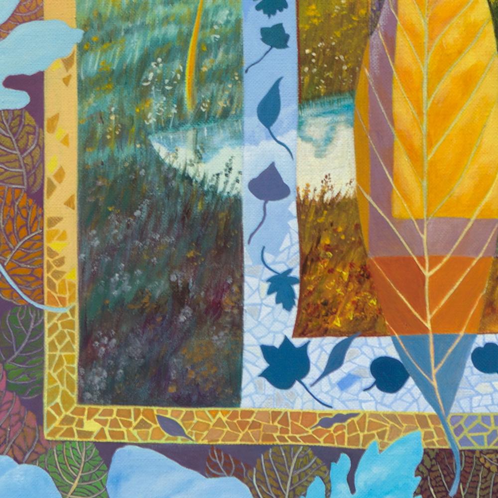 „Blauer Himmel in Blättern“, surrealistische Landschaft, naives primitives Acrylgemälde im Angebot 1
