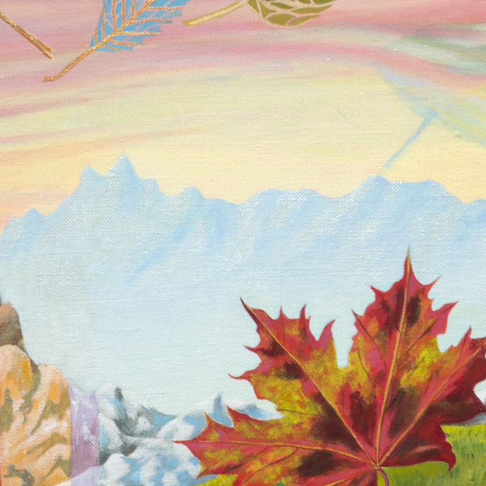„Blauer Himmel in Blättern“, surrealistische Landschaft, naives primitives Acrylgemälde im Angebot 2