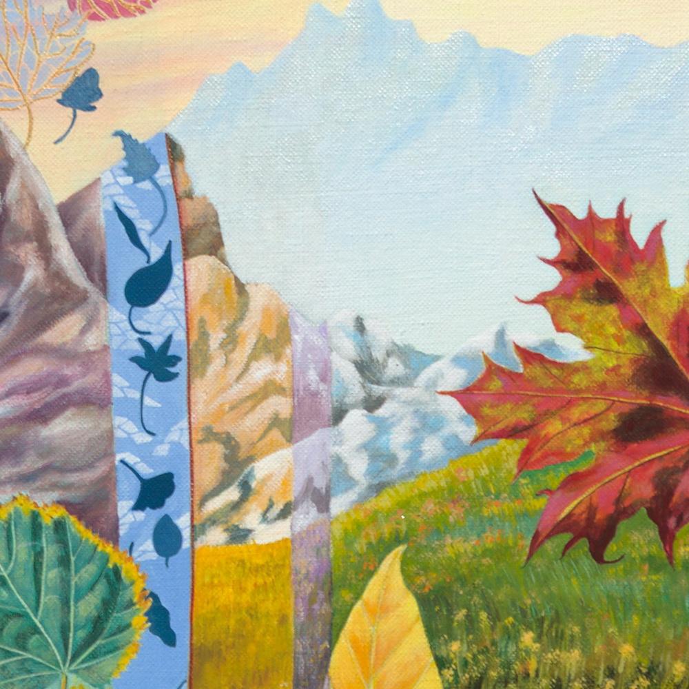 „Blauer Himmel in Blättern“, surrealistische Landschaft, naives primitives Acrylgemälde im Angebot 4