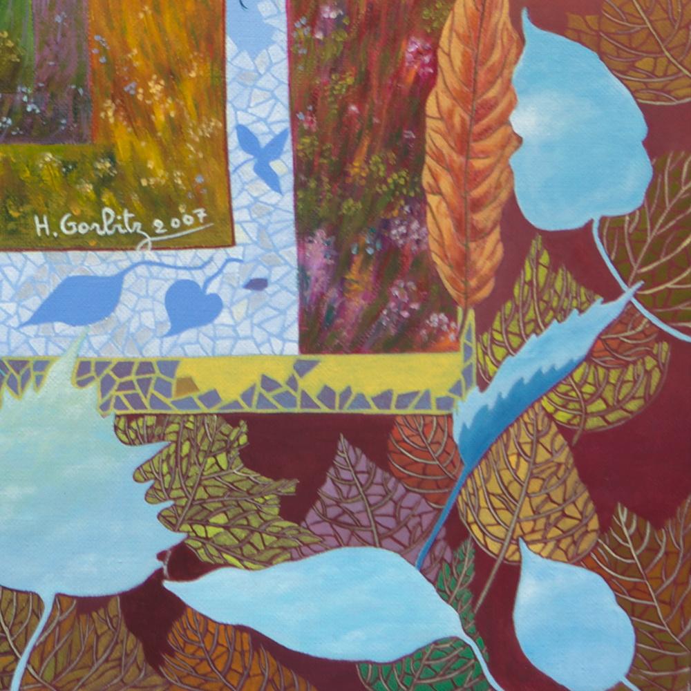 „Blauer Himmel in Blättern“, surrealistische Landschaft, naives primitives Acrylgemälde im Angebot 5