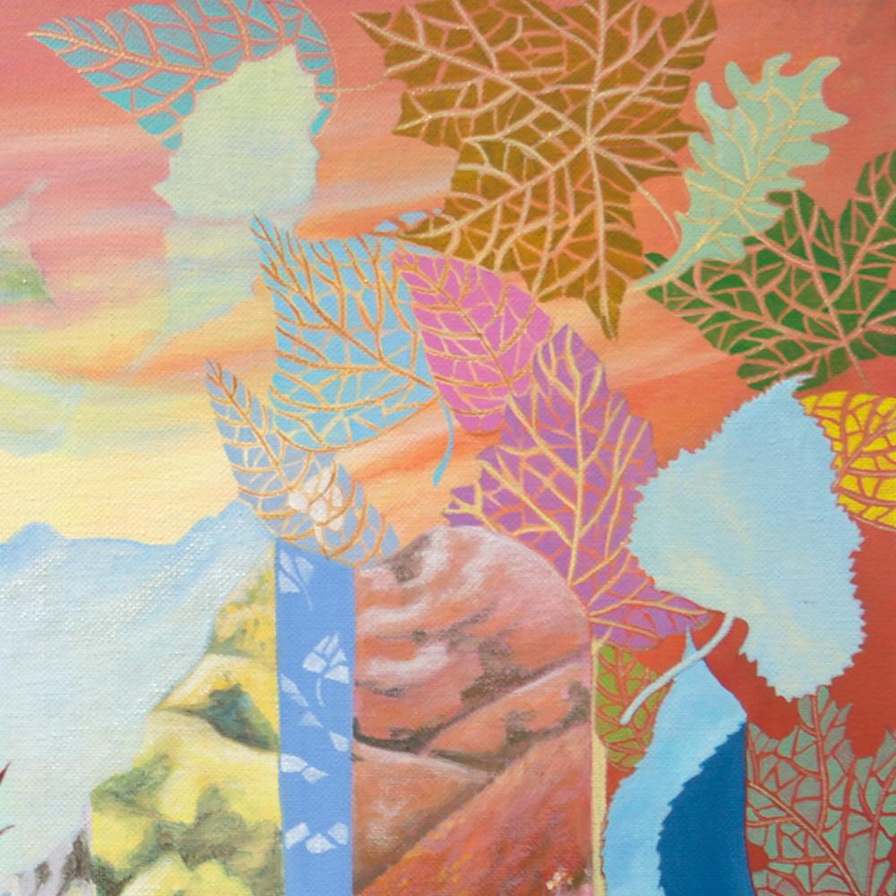 „Blauer Himmel in Blättern“, surrealistische Landschaft, naives primitives Acrylgemälde im Angebot 6