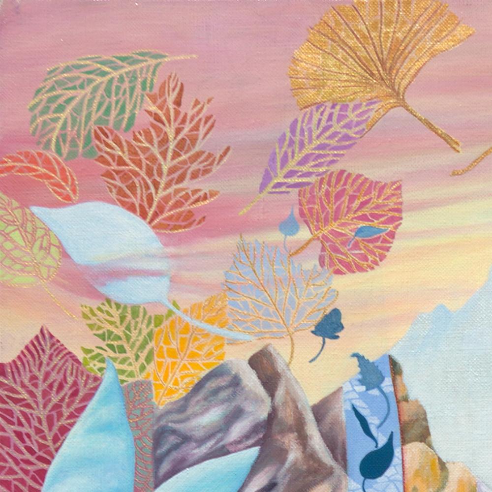 „Blauer Himmel in Blättern“, surrealistische Landschaft, naives primitives Acrylgemälde im Angebot 7