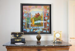 "Blue Sky in Leaves", Surrealist Landscape Naive Primitive Acrylic Painting