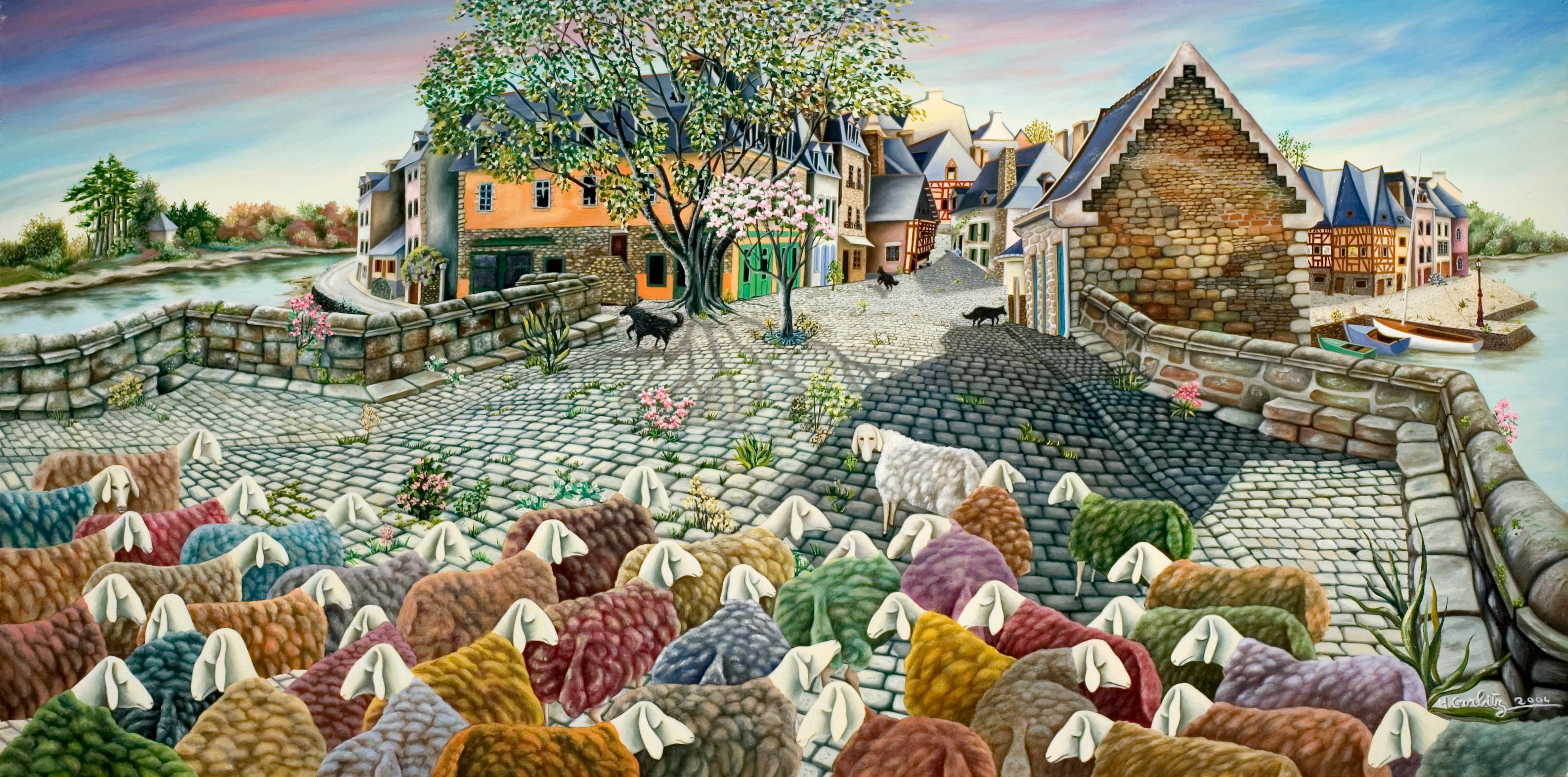 Henriette Gorbitz Landscape Painting - "Transhumance", Wolves Leading Sheeps in Streets Naive Primitive Oil Painting