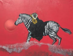 "In Pajamas", Luth-Playing Monkey Riding Zebra Red Symbolist Acrylic Painting
